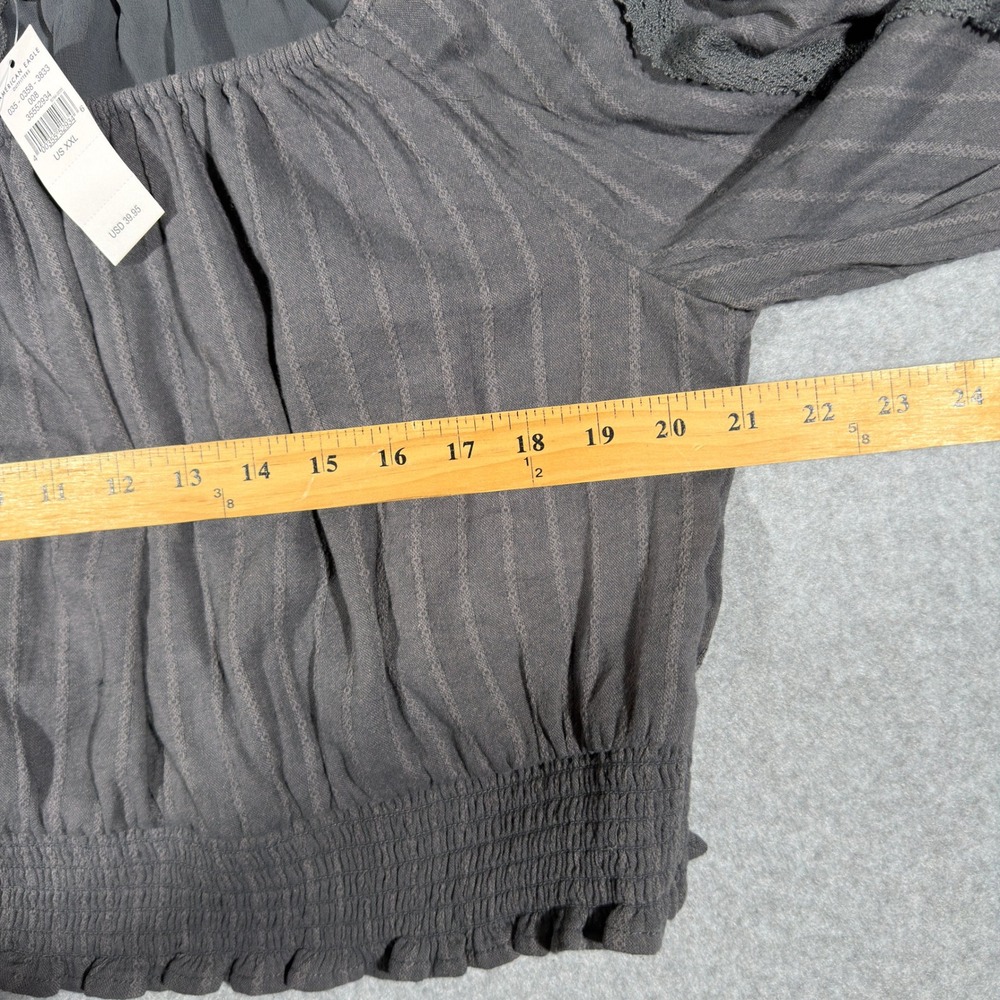 American Eagle XXL Gray Striped Smocked Crop Top Boho Puff Sleeve Cottage - Picture 3 of 8